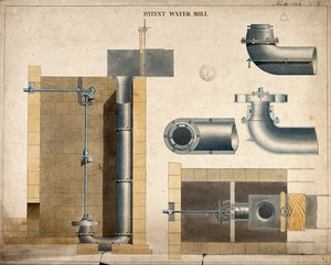 view Machinery: a steam-driven water mill. Coloured drawing, 1854.