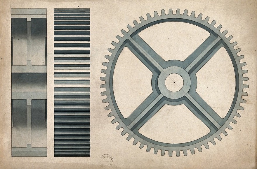 Engineering: a large cogwheel, front and side elevations. Coloured drawing, 1875.