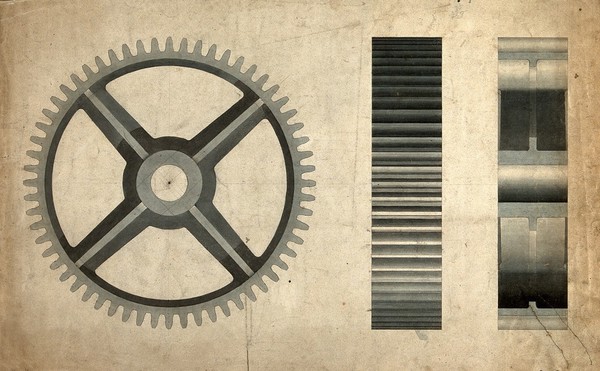 Engineering: a large cogwheel, front and side elevations. Coloured drawing, 1875.