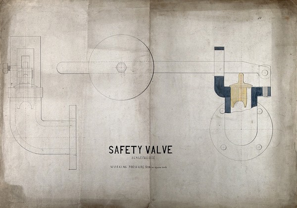 Engineering: a safety valve. Coloured drawing, 1845.