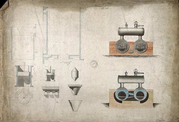 Engineering: a large double-chamber steam engine. Coloured drawing.
