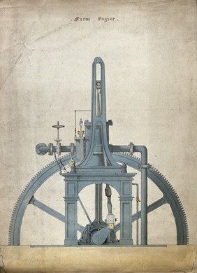 Engineering: a large double-chamber steam engine, with a flywheel. Coloured drawing.