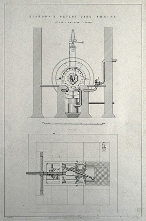 view Engineering: a nutating disc engine: two figures. Lithograph by Martin and Hood, 1852, after C.J. Light.