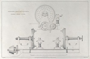 view Engineering: a lathe with two wheels (front elevation and side elevation). Lithograph by Martin and Hood, 1852, after C.J. Light.