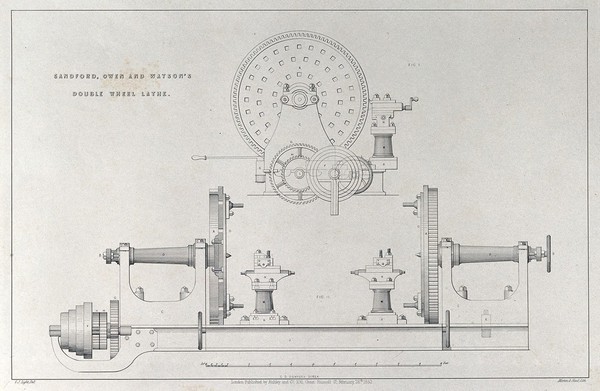 Engineering: a lathe with two wheels (front elevation and side elevation). Lithograph by Martin and Hood, 1852, after C.J. Light.