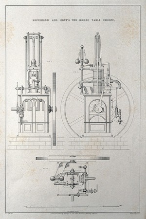 view Engineering: a stationary steam engine: three figures. Lithograph by Martin and Hood, 1852, after C.J. Light.