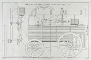 view Engineering: a portable (wheeled) steam engine. Lithograph by Martin and Hood, 1852, after W. J. Lindsey.