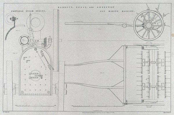 Engineering: a portable steam engine (front elevation), and a hay-making machine (side elevation and plan). Lithograph by Martin and Hood, 1852, after W. J. Lindsey.