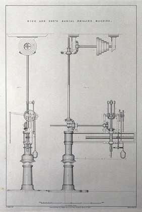 Engineering: a drilling machine. Lithograph by Martin and Hood, 1852, after C.J. Light.