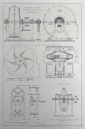 view Engineering: four machines.  Lithograph by Martin and Hood, 1852, after W. J. Lindsey.