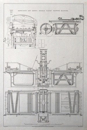 view Engineering: a printing machine with two platens. Lithograph by Martin and Hood, 1852, after C.J. Light.