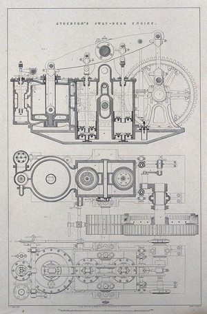 view Engineering: a sway beam engine. Lithograph by Martin and Hood, 1852, after C.J. Light.