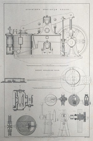 view Engineering: a sway beam engine and an expansion gear. Lithograph by Martin and Hood, 1852, after C.J. Light.