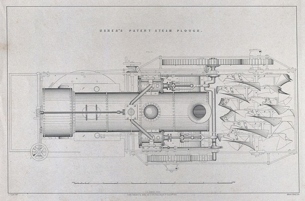 Engineering: a steam plough (plan). Lithograph by Martin and Hood, 1852, after C.J. Light.