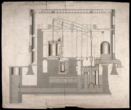 Longitudinal section of the Boulton & Watt engine erected at the East London Water Works, Old Ford / Thomas Wicksteed ; G. Gladwin.