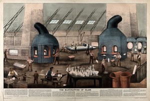 view Glass: the British plate glass factory, St Helens, Lancashire. Coloured lithograph.