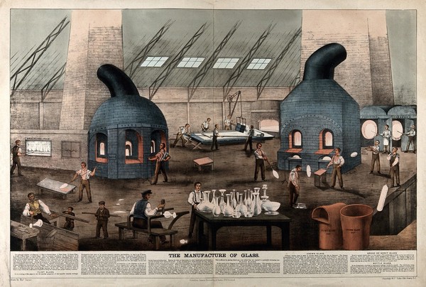 Glass: the British plate glass factory, St Helens, Lancashire. Coloured lithograph.