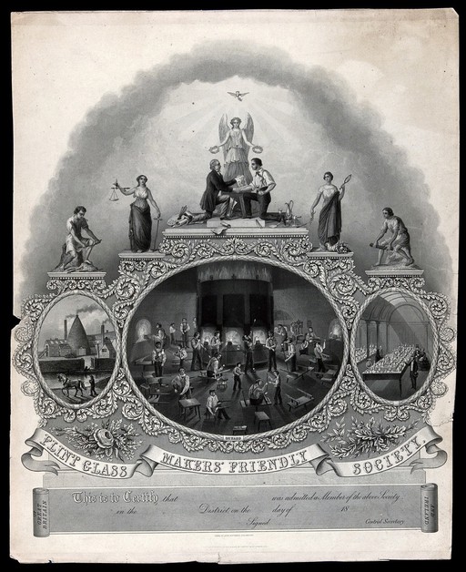 Glass: the British Flint Glass Makers' Friendly Society. Engraving by H. Wilkinson, 18--, after J. Northwood.