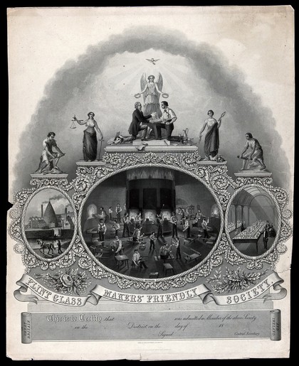Glass: the British Flint Glass Makers' Friendly Society. Engraving by H. Wilkinson, 18--, after J. Northwood.