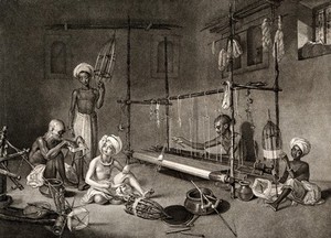 view Textiles: several Indian workers spinning, and working at a loom. Stipple engraving by P.W. Tomkins, 1797, after A.W. Devis.