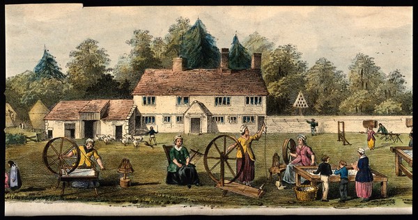 Textiles: a petition presented on behalf of the descendants of John Kay, for a pension. Coloured lithograph by Nosworthy and Wells after Cardwell, with letterpress, 1846.