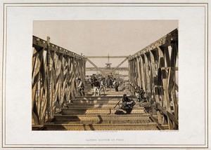 view Civil engineering: building the Victoria Bridge across the Saint Lawrence River, Montreal. Coloured lithograph by the Kell brothers, 1860.