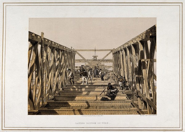 Civil engineering: building the Victoria Bridge across the Saint Lawrence River, Montreal. Coloured lithograph by the Kell brothers, 1860.