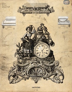 view Clocks: an elaborately-cased mantel clock, with the figure of a dairymaid, and various bases (above). Coloured lithograph, [c.1875?].