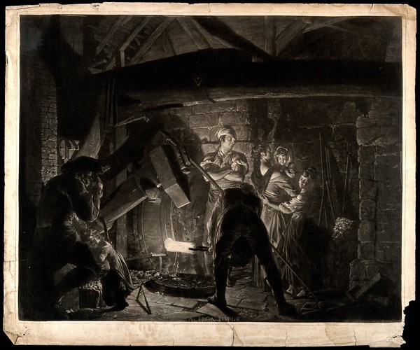 An iron-founder's forge. Mezzotint by R. Earlom, 1773, after J. Wright, 1772.