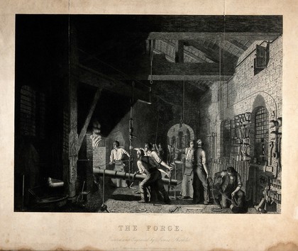 Metalwork: a blacksmith's forge. Mezzotint by J. Sharples, 1859.