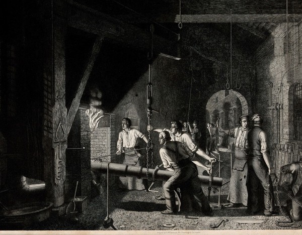 Metalwork: a blacksmith's forge. Mezzotint by J. Sharples, 1859.