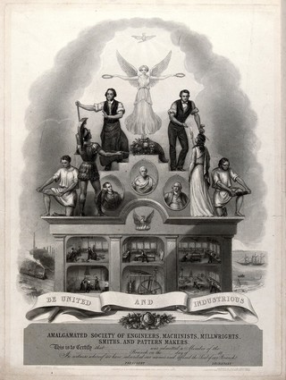 Engineering: the Amalgamated Makers' Friendly Society. Engraving by H. Wilkinson after J. Northwood.