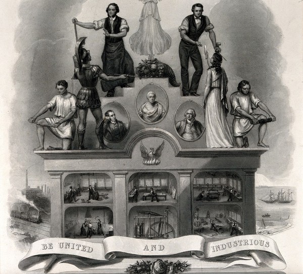 Engineering: the Amalgamated Makers' Friendly Society. Engraving by H. Wilkinson after J. Northwood.