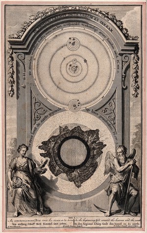 view Cosmology: creation of the heaven and the earth. Engraving by G. van der Gouwen after G. Hoet.