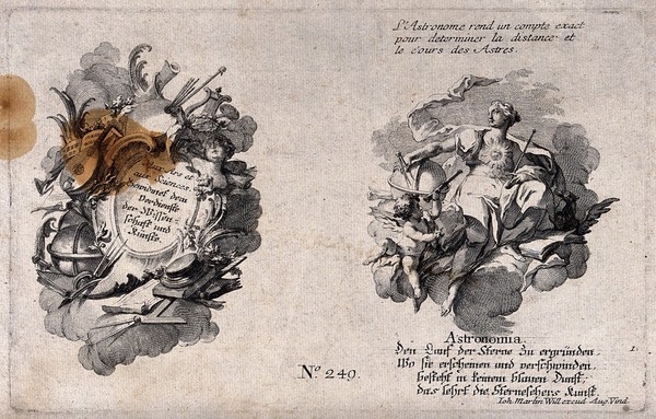 Astronomy: two rococo allegorical compositions about the art and sciences, and on the stars. Engraving.