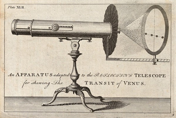 Astronomy: a large reflecting telescope, and projection of the transit of Venus. Engraving.