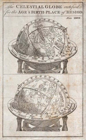 view Astronomy: a celestial sphere, showing the birthplace and time of Hesiod. Engraving.