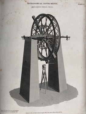 Astronomy: a large refracting telescope. Engraving.