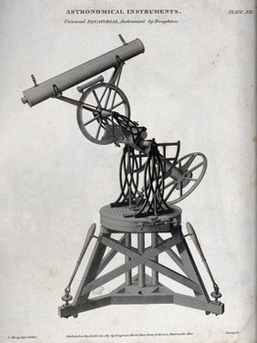 Astronomy: a large refracting telescope. Engraving.