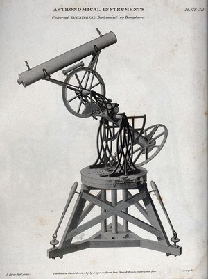 view Astronomy: a large refracting telescope. Engraving.