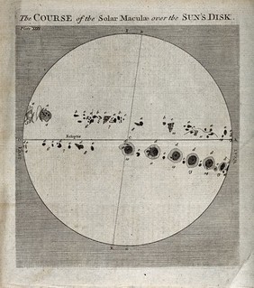 Astronomy: the sun, showing the progress of sunspot activity. Engraving by Seale.