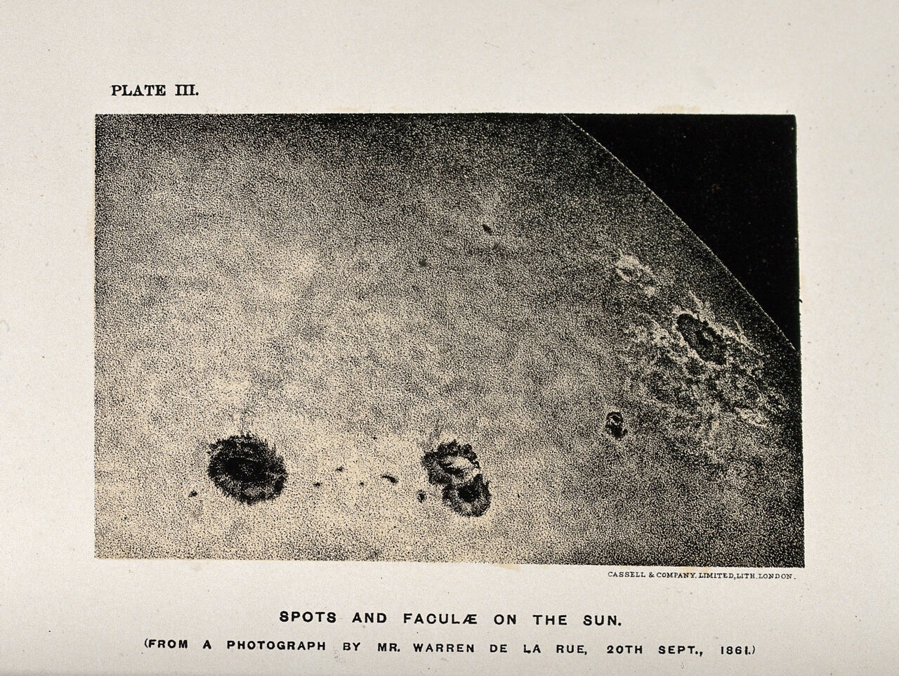 Astronomy: the sun, showing a sunspot. Lithograph after de la Mare., by Warren De la Rue