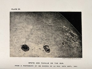 view Astronomy: the sun, showing a sunspot. Lithograph after de la Mare.