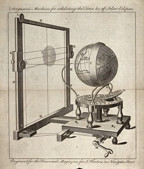 Astronomy: a terrestrial globe, with a device for projecting the shadow of the moon. Engraving [before 1764].