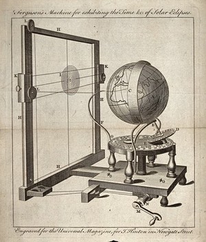 view Astronomy: a terrestrial globe, with a device for projecting the shadow of the moon. Engraving [before 1764].