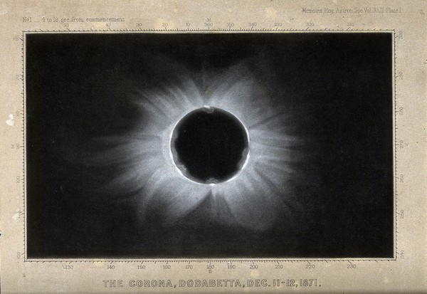 Astronomy: the corona of the sun, viewed during a total solar eclipse. Process print after a photograph, 1871.