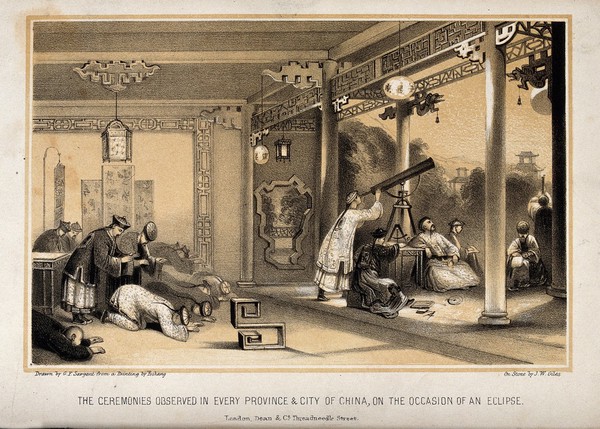Astronomy: proceedings in China on the occasion of an eclipse of the sun or moon. Lithograph by J.W. Giles after G.F. Sargent after Fo Shang.