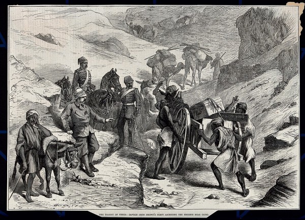 Astronomy: a British and Egyptian party taking astronomical and photographic equipment through rocky terrain in Egypt in order to observe the transit of Venus. Wood engraving, 1874.