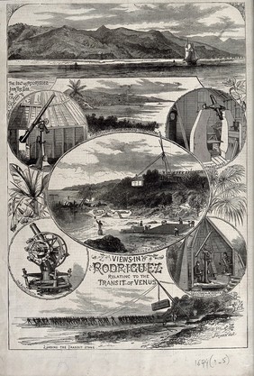 Astronomy: a large refracting telescope, and projection of the transit of Venus. Wood engraving.