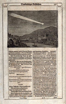 Astronomy: comets in a night sky appearing over Heidelberg in 1618. Engraving.